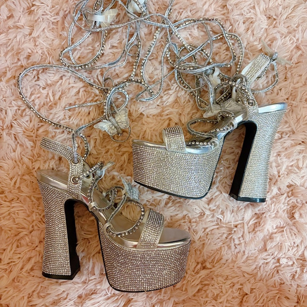 Dolls Kill Poster Girl Pixie Queen Bling Silver Lace Up Platform Heels Sz 5